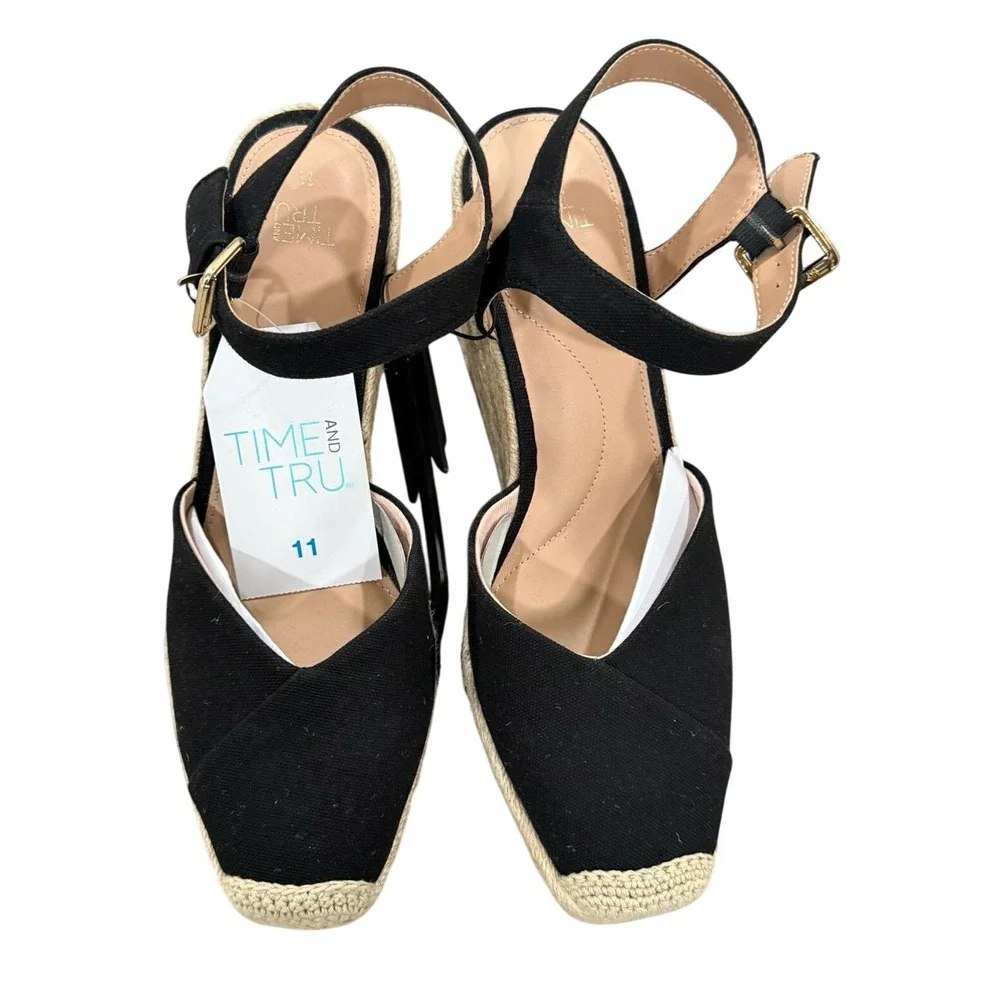 Time and Tru Espadrille Wedge Sandals Black Size 11